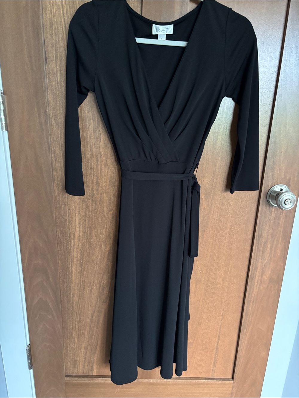 LOFT Black Wrap Midi Dress with Three-Quarter Sleeves